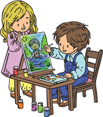 Hand-drawn illustration of two children painting on a canvas, symbolizing artistic creativity and self-expression. Ideal for educational resources, children’s books, and creativity lessons.