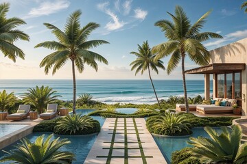 Fototapeta premium Oceanfront Oasis Showcasing Palm Landscapes and Expansive Ocean Sight