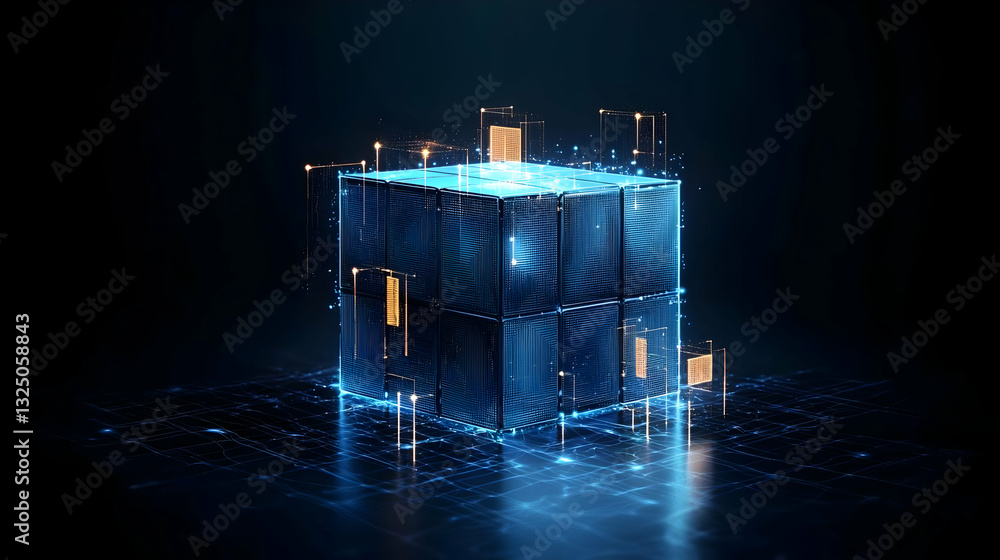 Poster glowing blue cube with intricate circuitry on dark reflective surface in digital art
