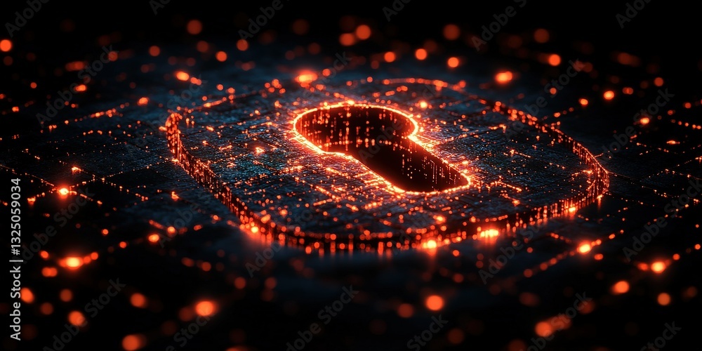 Poster illuminated digital lock symbol glowing amidst a network of data points in a futuristic setting