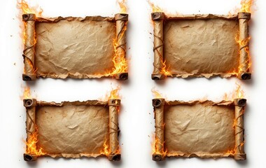 Burning Scrolls Collection Vintage Paper on Fire for Announcements or Messages