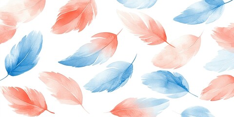 Colorful watercolor feathers floating in a delicate arrangement on a white background
