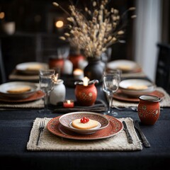 Fototapeta premium Cozy autumn table setting with dessert, candles, and dried flowers