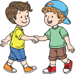 two young boys shaking hands and smiling at each other, symbolizing friendship, respect, and good manners. A heartwarming scene promoting social skills, teamwork, and positive interactions.