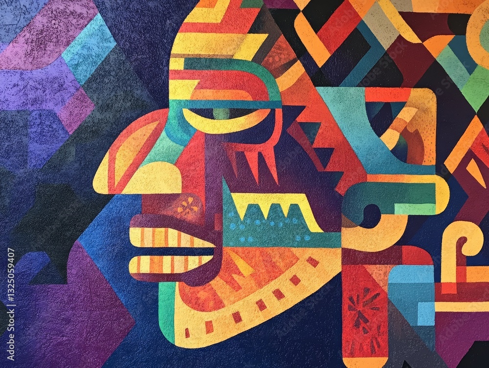 Poster vibrant mural depicting indigenous roots and aztec patterns with clean lines and textured background