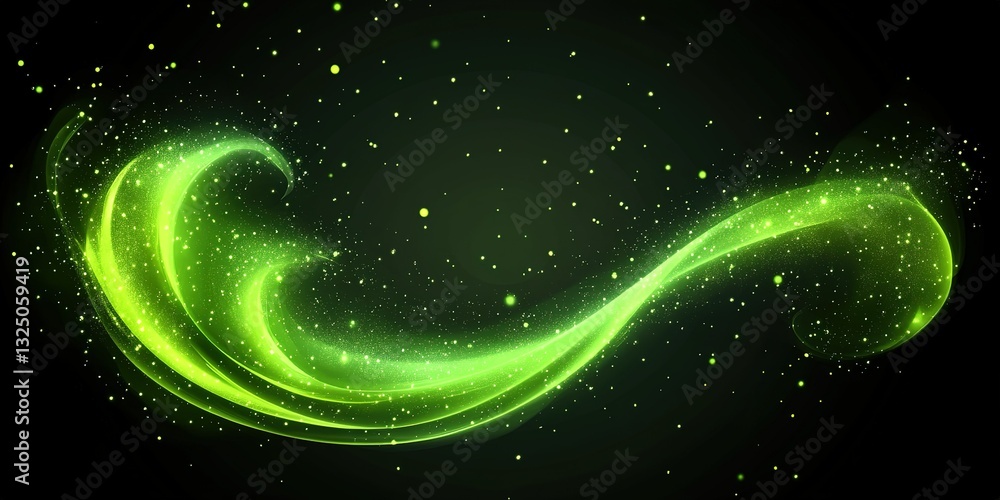 Poster swirling green light with sparkling particles in a dark background creates an ethereal atmosphere