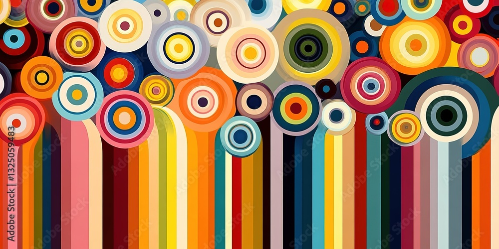 Poster colorful abstract design with circular patterns and vibrant vertical stripes creating a mesmerizing 