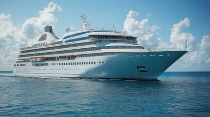 A white cruise ship sailing under a clear blue sky, clean photography