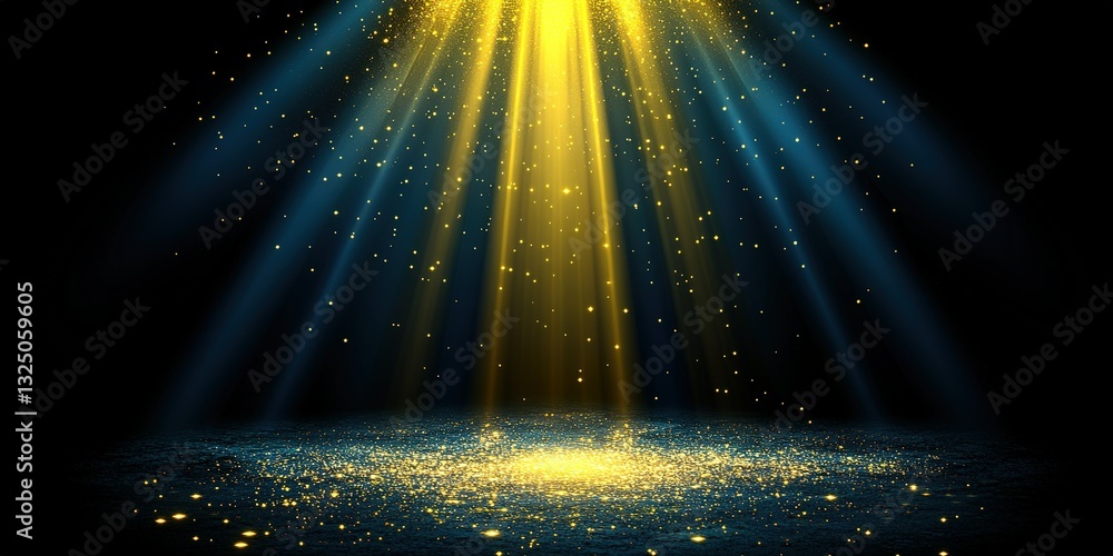 Poster bright golden light beams illuminate sparkling particles in a dark space, creating a magical atmosph