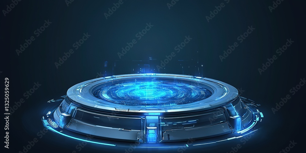 Poster futuristic technology display with glowing circular platform in a dark space environment