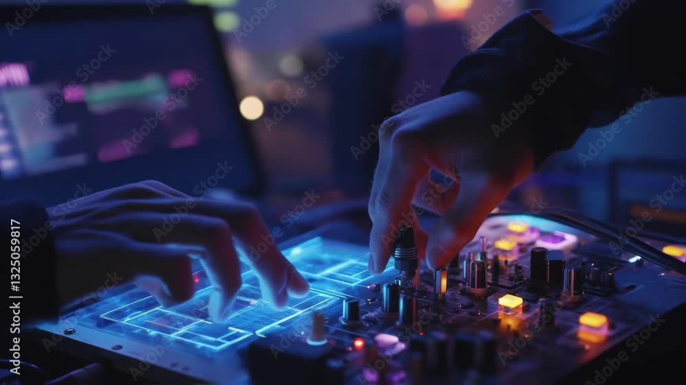 Poster two engineers adjusting controls and testing a transparent electronic circuit board prototype in a d