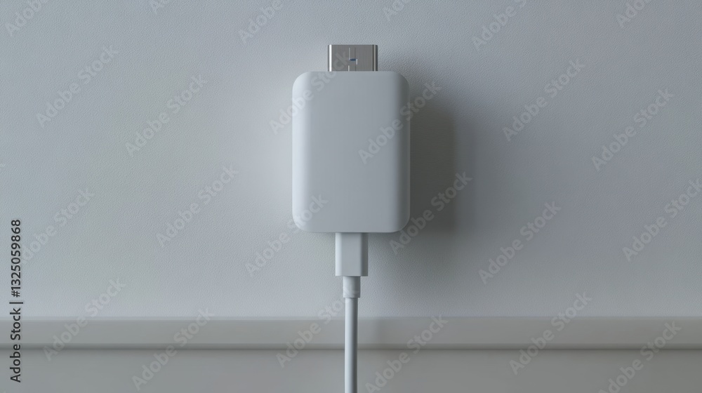 Poster a close-up of a flat usb-c power adapter plugged into a wall socket, white background