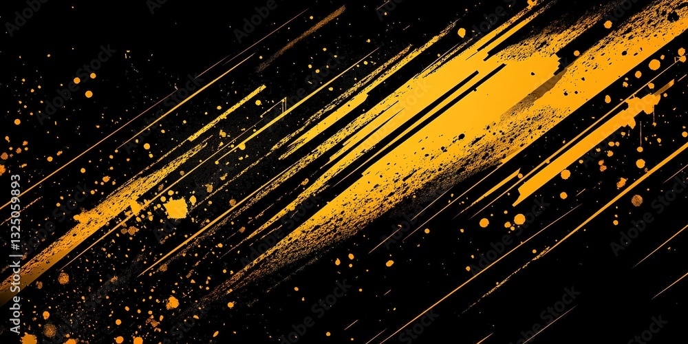 Poster abstract yellow and black splatter design showcasing dynamic movement and energy in a striking visua
