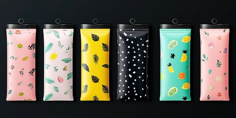 Various colorful pencil cases displayed against a dark background featuring distinct patterns and designs