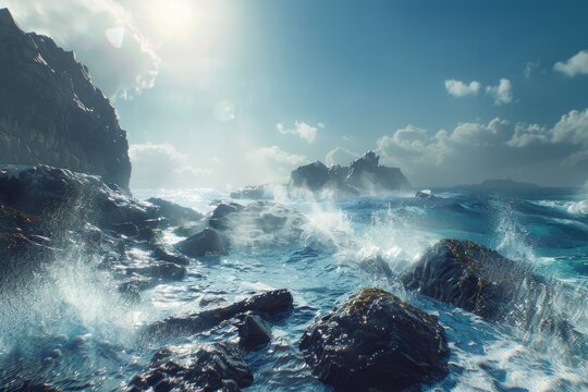 Sunlit Coastal Waves Crashing Against Rocky Shoreline Ocean Scenery with Dramatic Sky and Spla