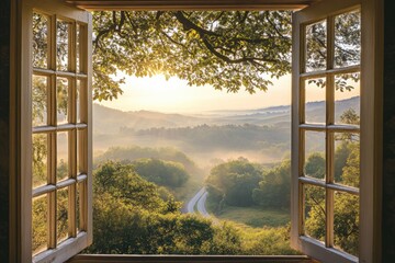 Sunrise vista through open wooden windows, tranquil valley, morning mist, peaceful countryside