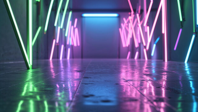 Neon Light Tunnel with Reflective Floor