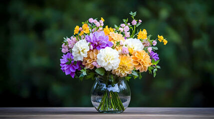 Fototapeta premium Vibrant Bouquet of Pink Orange White and Purple Flowers in a Glass Vase on Rustic Wooden Table with Soft Green Bokeh Background
