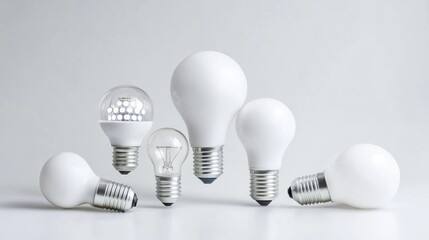 A collection of energy-saving LED bulbs in different sizes, white background