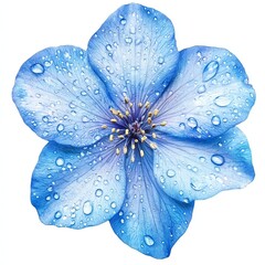 A dewy, light blue flower.  Petals glistening with water droplets.