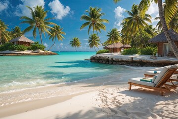 Obraz premium Dreamy Sandy Shore on a Vibrant Island Oasis Surrounded by Palms and Turquoise Seas