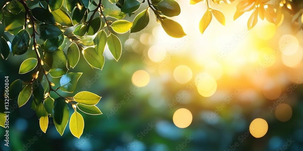 Poster sunlight filters through lush green leaves creating a serene atmosphere in a tranquil garden setting