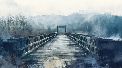Naklejka premium A wooden bridge stretches into a misty atmospheric environment in the distance