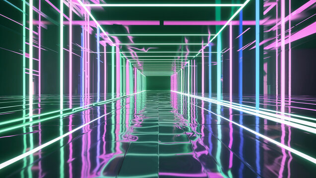 Neon Light Tunnel with Reflective Floor