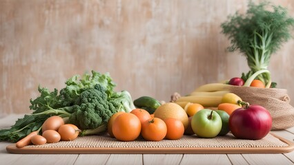 A burlap bag overflows an array fresh fruits vegetables, including oranges, apples, broccoli, carrots, arranged a wooden surface.