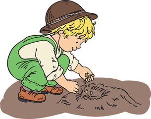 Hand-drawn illustration of a young boy planting seeds in the soil, symbolizing growth, nature, and responsibility. A heartwarming scene promoting environmental awareness, gardening, and sustainability
