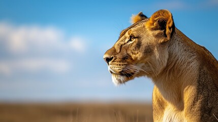 Majestic lioness on the savannah with blue sky background