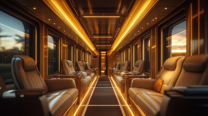 Inside a first-class train cabin, leather seats and warm lighting, luxury feel