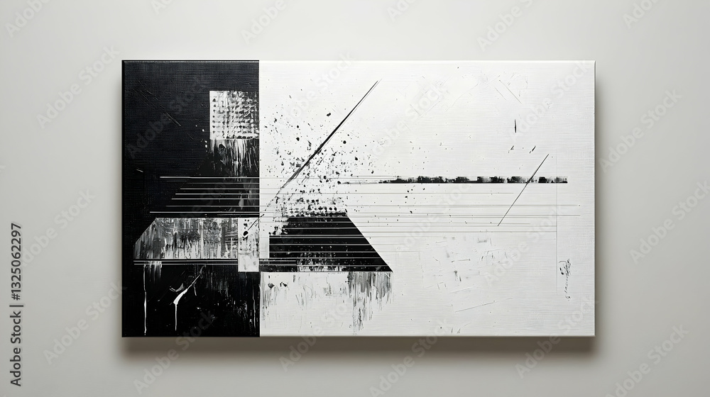 Poster black and white abstract art with divided composition featuring textured geometric shapes and distor