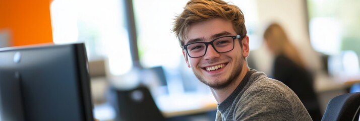Smiling man at desk in modern office environment.