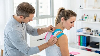 Obraz premium Physical therapist applying kinesiology tape on patient