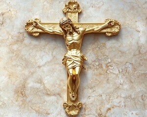 Detailed gold crucifix, A beautifully crafted golden crucifix on a marble background, symbolizing faith and devotion.