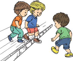 Hand-drawn illustration of three young boys playing together outdoors. Two children are balancing on a ledge while another watches and encourages them, symbolizing teamwork, friendship, and childhood 