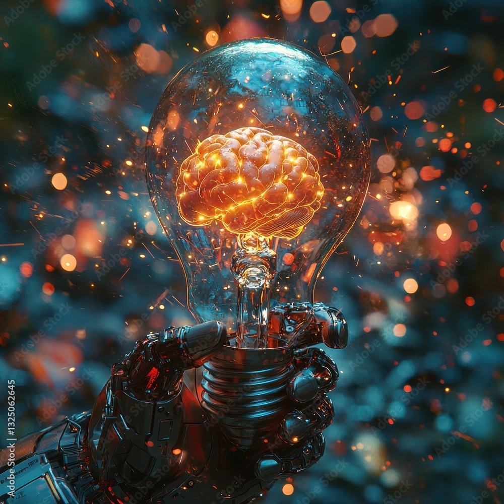 Poster artificial intelligence innovation concept with a glowing brain in lightbulb