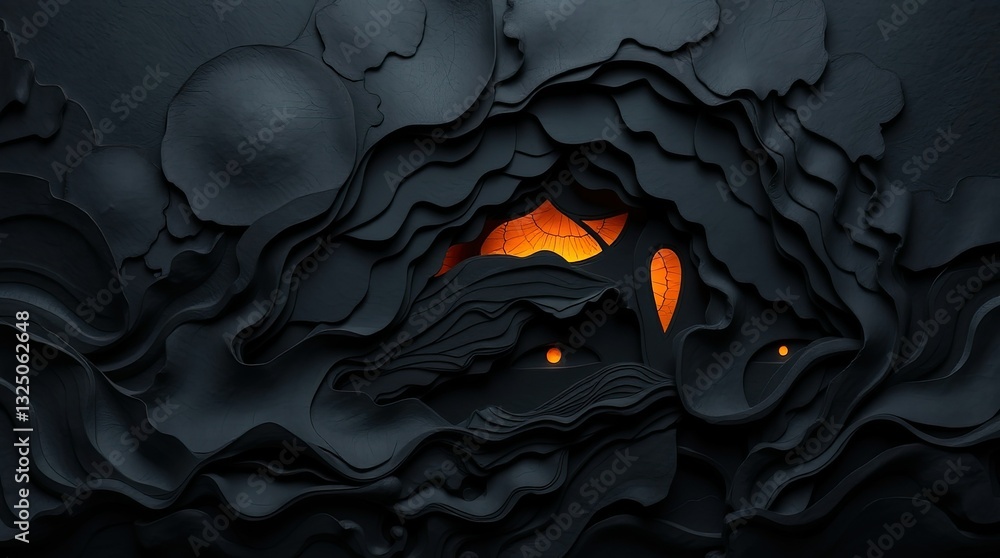 Aufkleber an abstract artwork features dark layered textures with glowing orange elements resembling eyes with