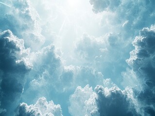 Fototapeta premium Heavenly cloudscape, a serene view of fluffy clouds illuminated by sunlight. Tranquil and peaceful, the image evokes a sense of calm.