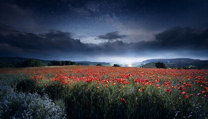 nature labdscape composition of poppy field at night and gloomy cloudy sky