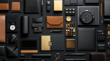Obraz premium Stylish black and gold office supplies with leather accents arranged neatly