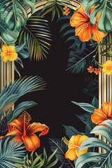 Vintage Black Bold Poster Framed with Decent Decorative Tropical Flowers at Corners and Bottom