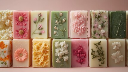 Neatly stacked herbal soap bars with delicate floral imprints, soft pastel tones