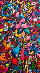 Colorful painting of letters and shapes with a lot of pink and blue. The painting is full of life and energy, and it seems to be a representation of the artist's creativity and imagination