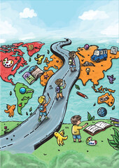 Hand-drawn colorful illustration of children walking on a road that connects different continents, symbolizing education, discovery, and global learning. The world is filled with books, art supplies