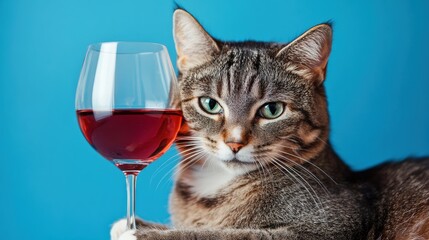 Tabby cat with wine glass against blue background