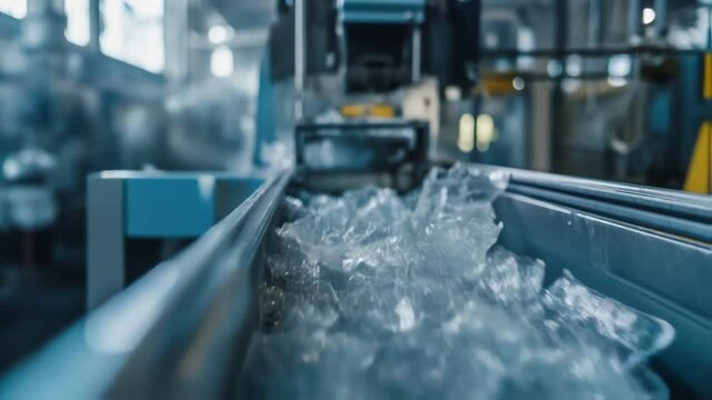 Modern factory equipment automatically conveying many empty clear plastic preforms on a production line, showcasing innovative manufacturing processes in the plastic packaging industry
