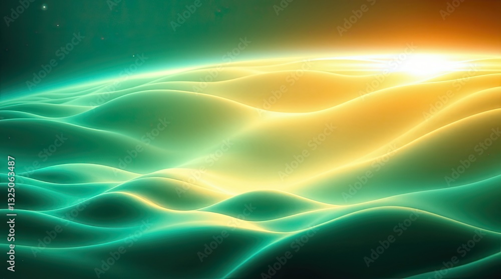 Poster surreal waves of light ripple gently over a cosmic surface illuminated by a warm golden glow from a 