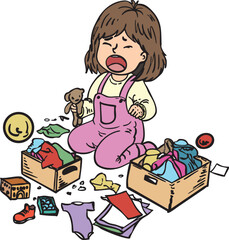 Hand-drawn illustration of a young girl crying while sitting among scattered clothes and toys. She is holding a teddy bear tightly, symbolizing distress, frustration, or emotional overwhelm.